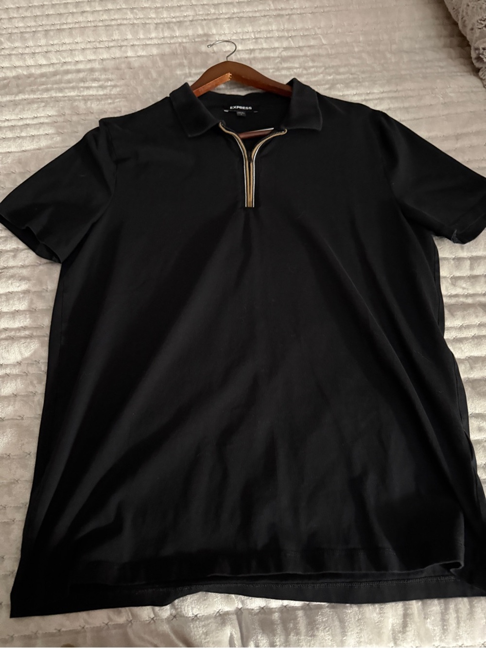 Express Men’s Black Polo with Gold-Trim Zip Placket